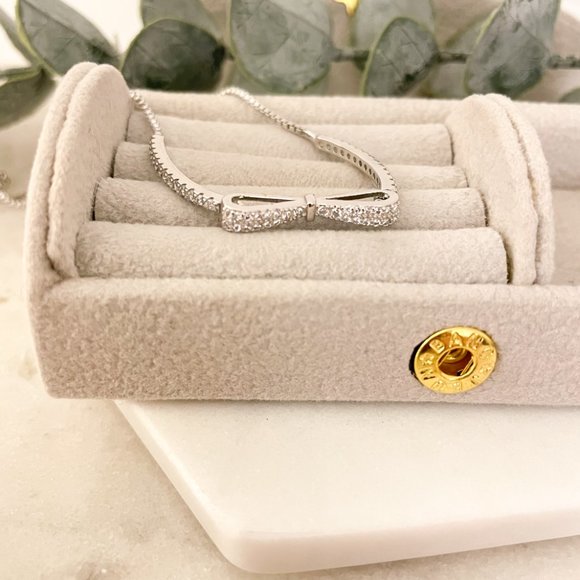 925 Sterling Silver Diamond Bow Bracelet Toggle Dainty Box Chain Bracelet - Picture 3 of 5